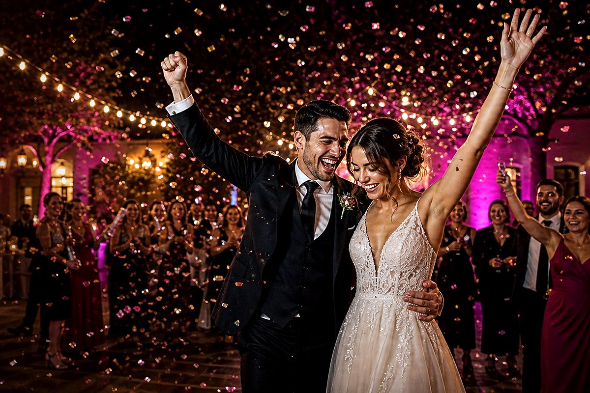 Novios celebrando una boda actual con luces, invitados y confeti