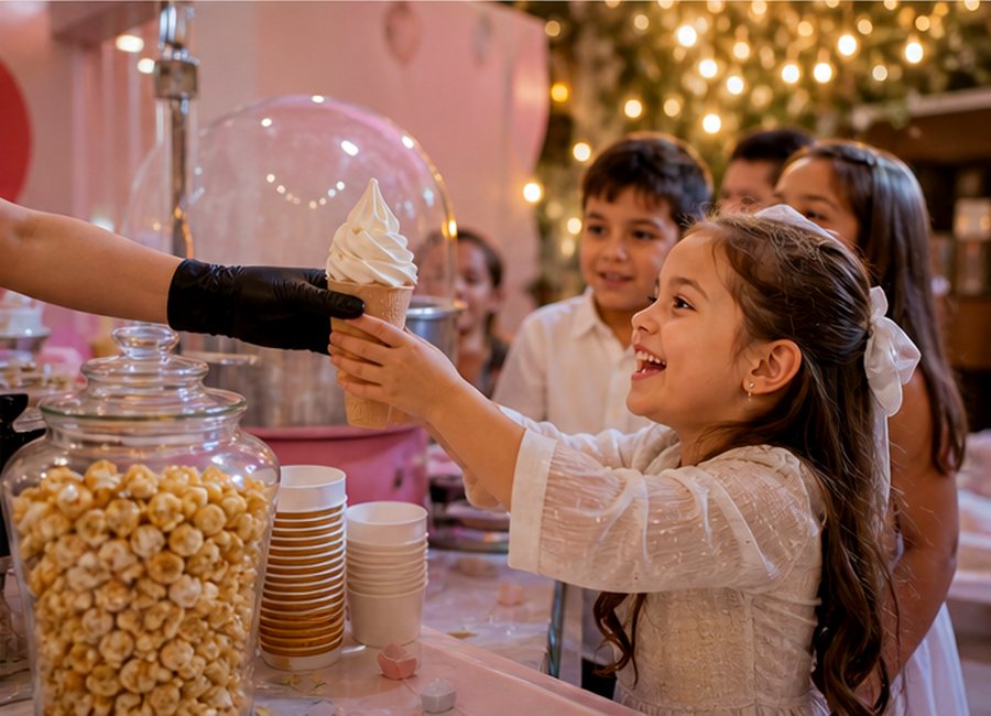 Estación de helado y dulces para invitados
